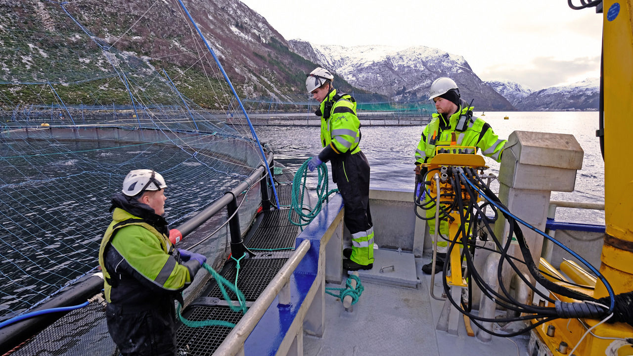 Arbeidsbåt ved oppdrettsanlegg